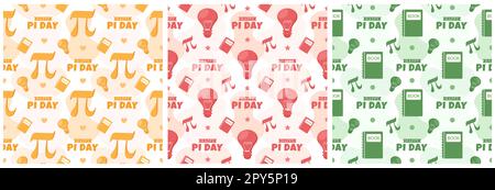 Set di Pi Day Seamless Pattern Design con costanti matematiche o torta cotta nel modello Cartoon Flat disegnato a mano Illustrazione Foto Stock