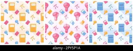 Set di Pi Day Seamless Pattern Design con costanti matematiche o torta cotta nel modello Cartoon Flat disegnato a mano Illustrazione Foto Stock