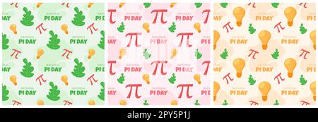 Set di Pi Day Seamless Pattern Design con costanti matematiche o torta cotta nel modello Cartoon Flat disegnato a mano Illustrazione Foto Stock