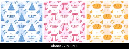 Set di Pi Day Seamless Pattern Design con costanti matematiche o torta cotta nel modello Cartoon Flat disegnato a mano Illustrazione Foto Stock