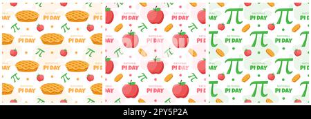 Set di Pi Day Seamless Pattern Design con costanti matematiche o torta cotta nel modello Cartoon Flat disegnato a mano Illustrazione Foto Stock