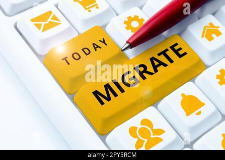 Testo che mostra Inspiration Migrate. Parola scritta su per spostarsi o viaggiare da un paese o località ad un altro Foto Stock