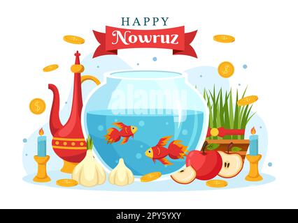 Happy Nowruz Day o Iranian New Year Illustration con erba Semeni e pesce per banner Web o landing page in Cartoon piano modelli disegnati a mano Foto Stock