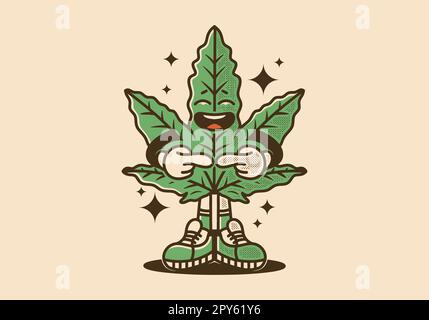 Design a foglia di marijuana con espressione timida in stile vintage Illustrazione Vettoriale