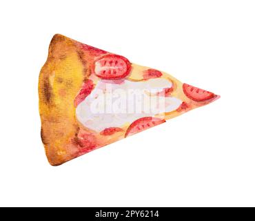 Fetta di pizza margherita. Acquerello disegno a mano isolato su sfondo bianco. Foto Stock