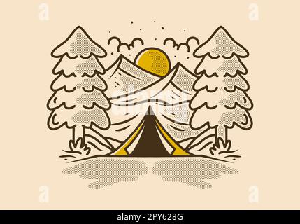 Illustrazione in linea singola di tenda da campeggio Triangle tra due grandi pini di fronte alla montagna Illustrazione Vettoriale