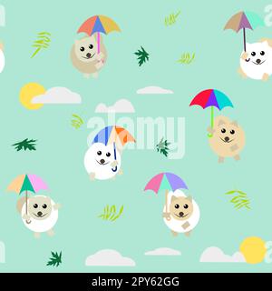 cuccioli di pomerania che volano su ombrelli colorati senza cuciture senza sfondo Foto Stock