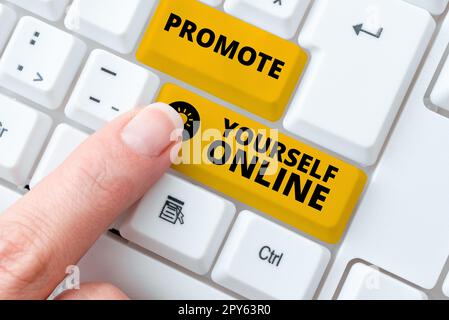 Presentazione di sottotitoli Promuovi te stesso on-line. Business idea di mercato e introdurre ad altri il miglioramento incoraggiare Foto Stock