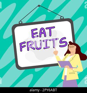 Scrittura a mano testo mangiare frutta. Parola scritta su consumare qualsiasi prodotto di crescita di pianta utile a esseri umani o animali Foto Stock