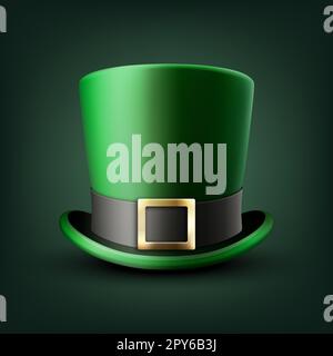 Illustrazione vettoriale con 3D Closeup Top Hat realistico Leprechaun verde. St Design concettuale di Patricks Day. Top Hat Classic retro Vintage isolato su Bla Foto Stock