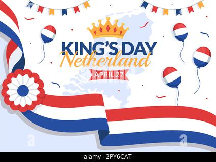 Happy Kings Netherlands Day Illustration con Waving Flags e King Celebration per banner Web o Landing Page in Cartoon piano modelli disegnati a mano Foto Stock