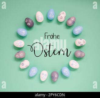 Pasqua Egg decorazione, Flat Lay, Frohe Ostn significa buona Pasqua Foto Stock