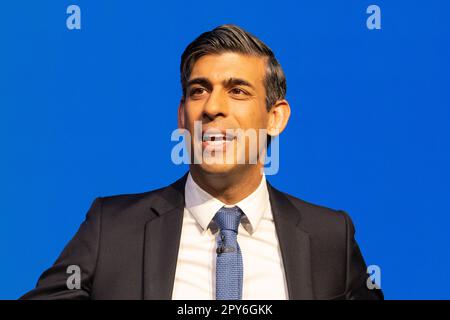 Rishi Sunak 2023 parla alla Conferenza conservatrice scozzese, Glasgow SEC, Scozia Foto Stock