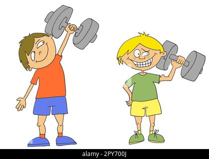 Bambini disegnati a mano con manubri - sfondo cartoon Foto Stock