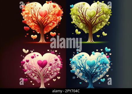 alberi stilizzati a forma di cuore con foglie colorate Foto Stock