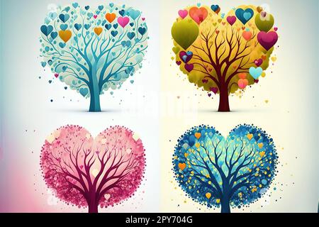 alberi stilizzati a forma di cuore con foglie colorate Foto Stock