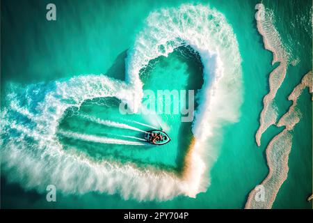 Vista aerea della traccia a forma di cuore sul mare blu turchese Foto Stock