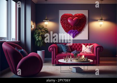 Interno del soggiorno decorato per San Valentino Foto Stock