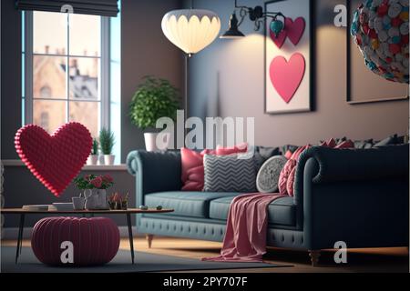 Interno del soggiorno decorato per San Valentino Foto Stock