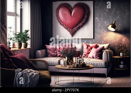 Interno del soggiorno decorato per San Valentino Foto Stock