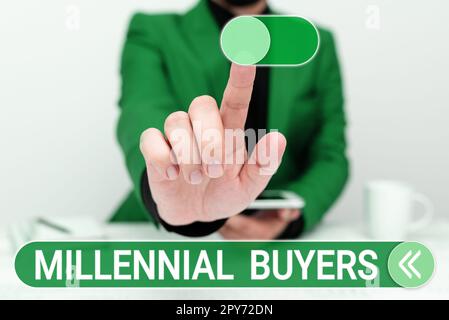 Cartello di testo che mostra gli acquirenti Millennial. Idea di business tipo di consumatori interessati a prodotti di tendenza Foto Stock