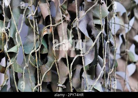 Primo piano di una rete mimetica per uso militare - texture di sfondo. Foto Stock