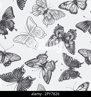 Modello vettoriale senza giunture con farfalle nere disegnate a mano su sfondo bianco. Collezione farfalle, Vector Design elementi di Butterfly Sil Foto Stock