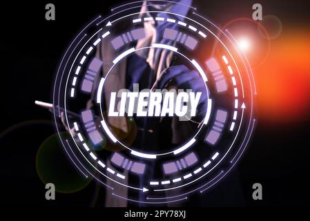 Didascalia di testo che presenta l'alfabetizzazione. Parola per la capacità di leggere e scrivere competenze o conoscenze in un'area specifica Foto Stock