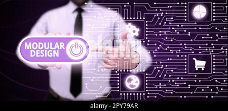 Segno di scrittura a mano Design modulare. Parola per la progettazione di prodotti per la produzione di prodotti mediante l'integrazione o la combinazione di parti indipendenti Foto Stock