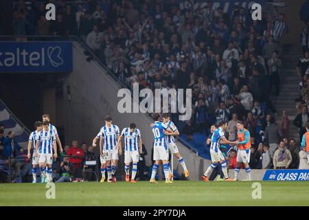 Takefusa Kubo di Real Sociedad reagisce dopo aver segnato il gol durante il campionato spagnolo la Liga calcio match tra Real Sociedad e Real Madrid il 2 maggio 2023 presso la reale Arena di San Sebastian, Spagna - Foto: Ricardo Larreina/DPPI/LiveMedia Foto Stock