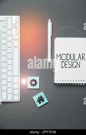 Segno di scrittura a mano Design modulare. Parola per la progettazione di prodotti per la produzione di prodotti mediante l'integrazione o la combinazione di parti indipendenti Foto Stock