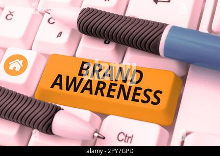 Esposizione concettuale consapevolezza del marchio. Il nome di idea di affari identifica un bene del venditore come distinto da quelli di altro venditore Foto Stock