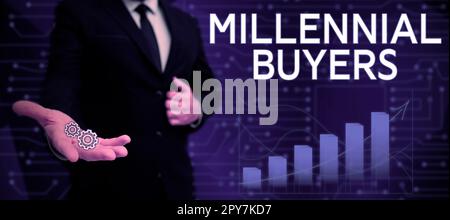 Cartello di testo che mostra gli acquirenti Millennial. Approccio aziendale tipo di consumatori interessati a prodotti di tendenza Foto Stock