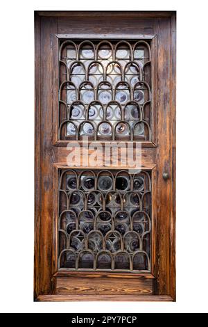porta in legno d'epoca con finestre in vetro e ringhiera decorativa metallica isolata su bianco Foto Stock