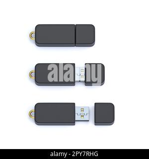 Immagine di rendering dell'unità flash USB 3D nera simulata isolata su sfondo bianco Foto Stock