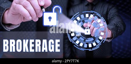 Scrittura visualizzazione testo Brokerage. La panoramica aziendale funge da agente o intermediario fidato nelle negoziazioni commerciali Foto Stock