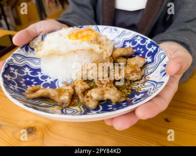 Mescolare il maiale croccante fritto con il riso Foto Stock