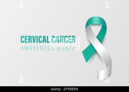 Banner cancro cervicale, cartellino, cartellino con Vector 3D Teal realistico e nastro bianco su sfondo bianco. Cervicale cancro consapevolezza mese simbolo Chiudi Foto Stock