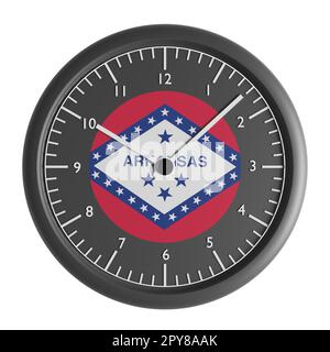 Segnali e simboli. Elemento di progettazione. Illustrazione 3D. Orologio da parete con la bandiera dell'Arkansas Foto Stock