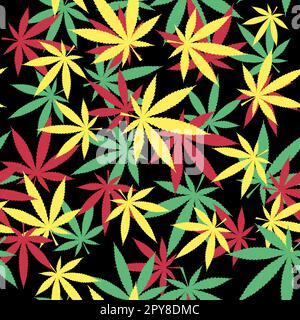 Modello di cannabis senza giunture. Giamaicano 420 vettore grafico psichedelico. Design ispirato alla marijuana. Reggae sfondo con foglie di cannabis. Tessuto visivo Illustrazione Vettoriale