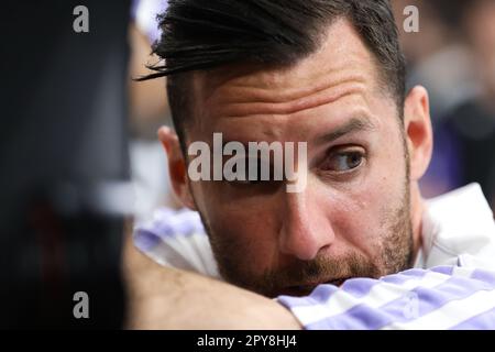 Belgrado, Serbia, 2 maggio 2023. Rudy Fernandez del Real Madrid reagisce durante il gioco Play Off 3 - 2022/2023 Turkish Airlines Eurolega Match tra Partizan Mozzart Bet Belgrado e Real Madrid alla Stark Arena di Belgrado, Serbia. 2 maggio 2023. Credito: Nikola Krstic/Alamy Foto Stock