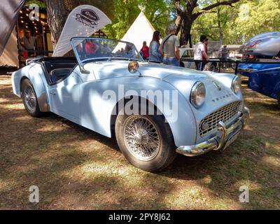 Vecchio sport azzurro 1950s Triumph TR3 Un roadster sportivo in un parco. Auto classica Autoclasica 2022. Foto Stock