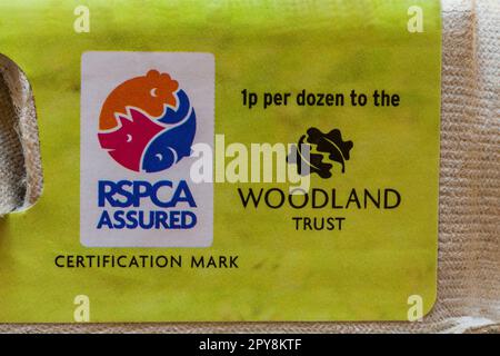 RSPCA ha assicurato il marchio di certificazione e 1p per dozzina al Woodland Trust - dettaglio su cartone di 6 grandi uova British Free Range di Sainsbury's. Foto Stock