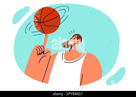 Un giocatore professionista di basket gira il pallone a dito dimostrando professionalità e leadership nel gioco di squadra. Ragazzo che gioca a basket come h Foto Stock