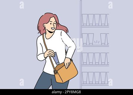 Donna rubare il prodotto di bellezza dallo scaffale in negozio. Taccheggio femminile sospetto in negozio di cosmetici o boutique. Kleptomania. Illustrazione vettoriale. Foto Stock