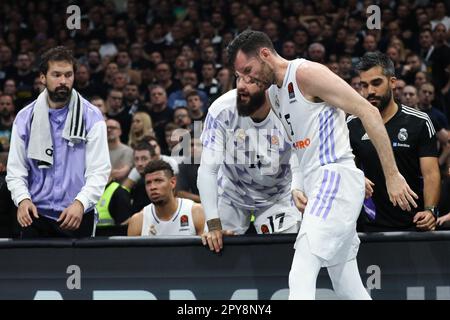 Belgrado, Serbia, 2 maggio 2023. Rudy Fernandez del Real Madrid reagisce durante il gioco Play Off 3 - 2022/2023 Turkish Airlines Eurolega Match tra Partizan Mozzart Bet Belgrado e Real Madrid alla Stark Arena di Belgrado, Serbia. 2 maggio 2023. Credito: Nikola Krstic/Alamy Foto Stock