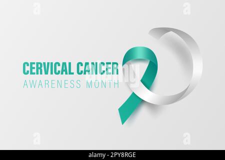 Banner cancro cervicale, cartellino, cartellino con Vector 3D Teal realistico e nastro bianco su sfondo bianco. Cervicale cancro consapevolezza mese simbolo Chiudi Foto Stock