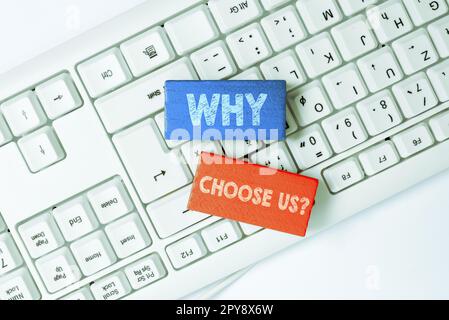 Didascalia di testo Presentazione perché scegliere noi. Motivi di business showcase per scegliere il nostro marchio rispetto ad altri argomenti Foto Stock