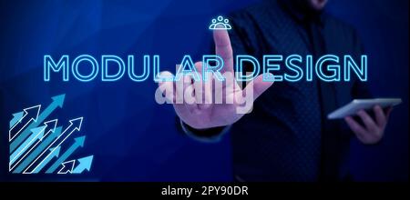 Segno di scrittura a mano Design modulare. Parola scritta sulla progettazione del prodotto per produrre il prodotto integrando o combinando parti indipendenti Foto Stock