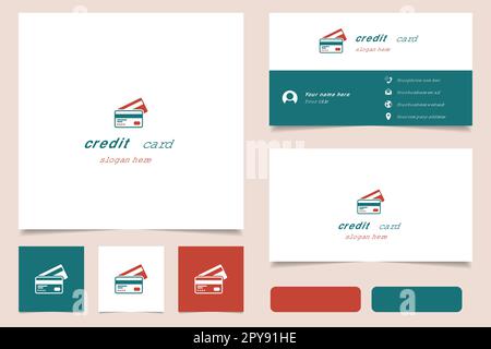 Logo della carta di credito con slogan modificabile. Libro di branding e modello biglietto da visita. Illustrazione Vettoriale